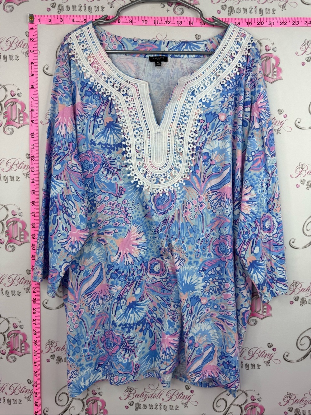 Talbots blouse pastel Blue and Pink Floral Embroidered Tunic